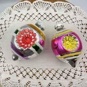 Lot 2 Vintage Radko SHINY BRITE Double Indent Striped Christmas Ornaments Flock